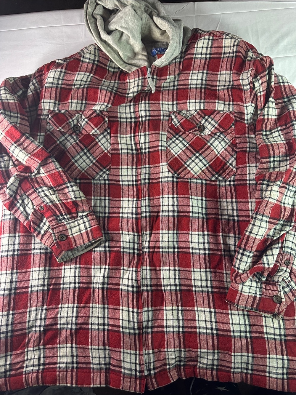 Puritan Red and White Plaid Button-Down Hooded Shirt